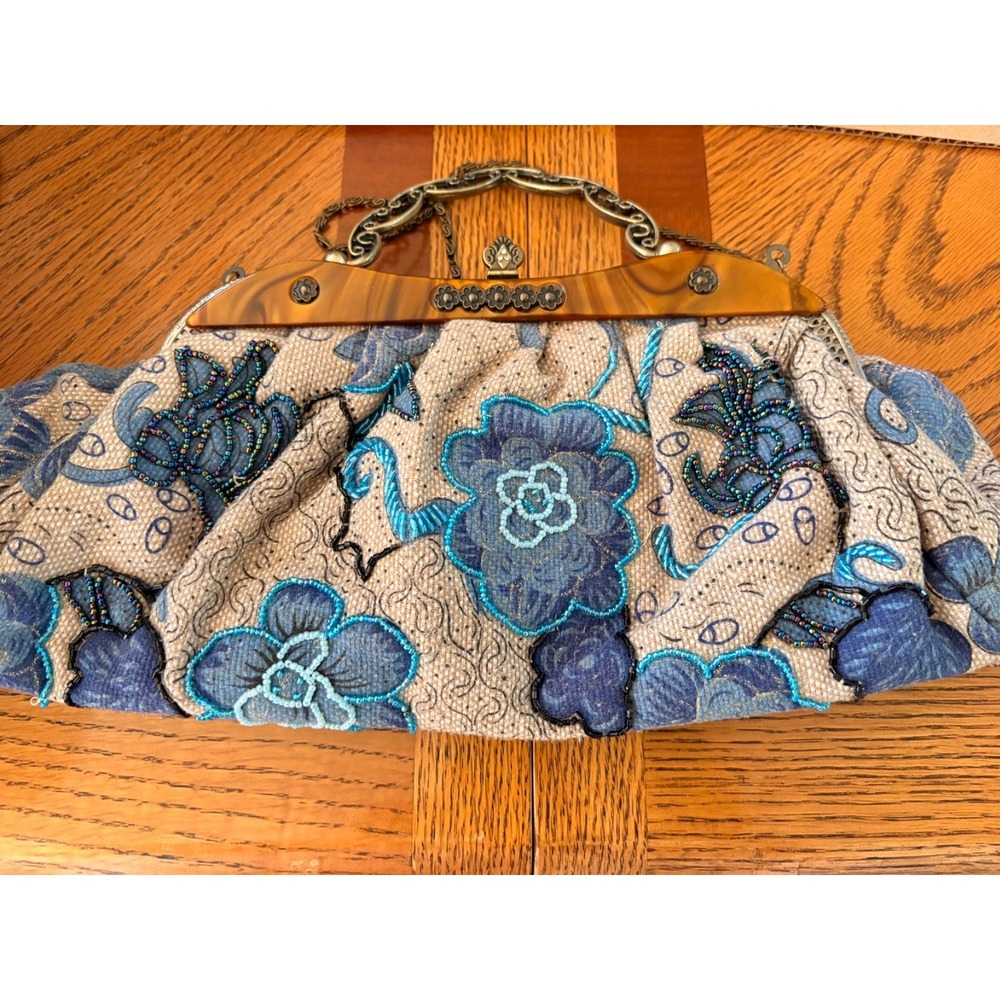 Vintage Retro Leko London Blue Beaded Embroidered Handbag Bag Clutch